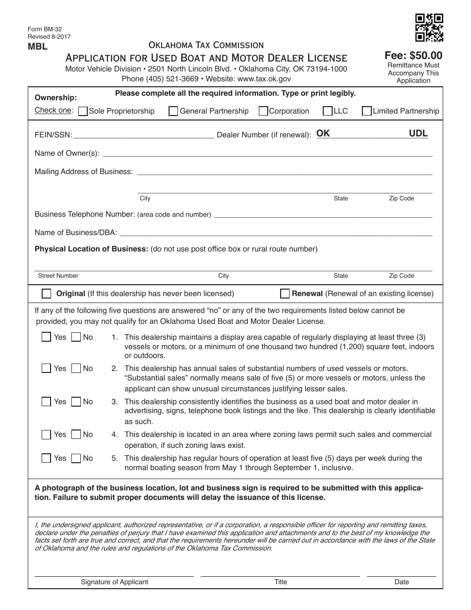 OTC Form BM-32 Application for Used Boat and Motor Dealer License - Oklahoma, Page 1
