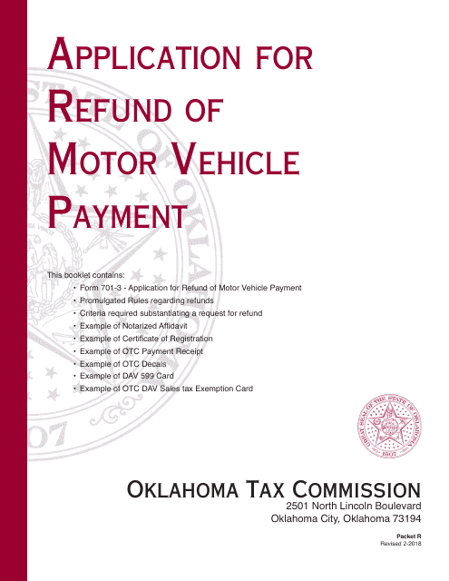 Packet R - Application for Refund of Motor Vehicle Payment - Oklahoma Download Pdf