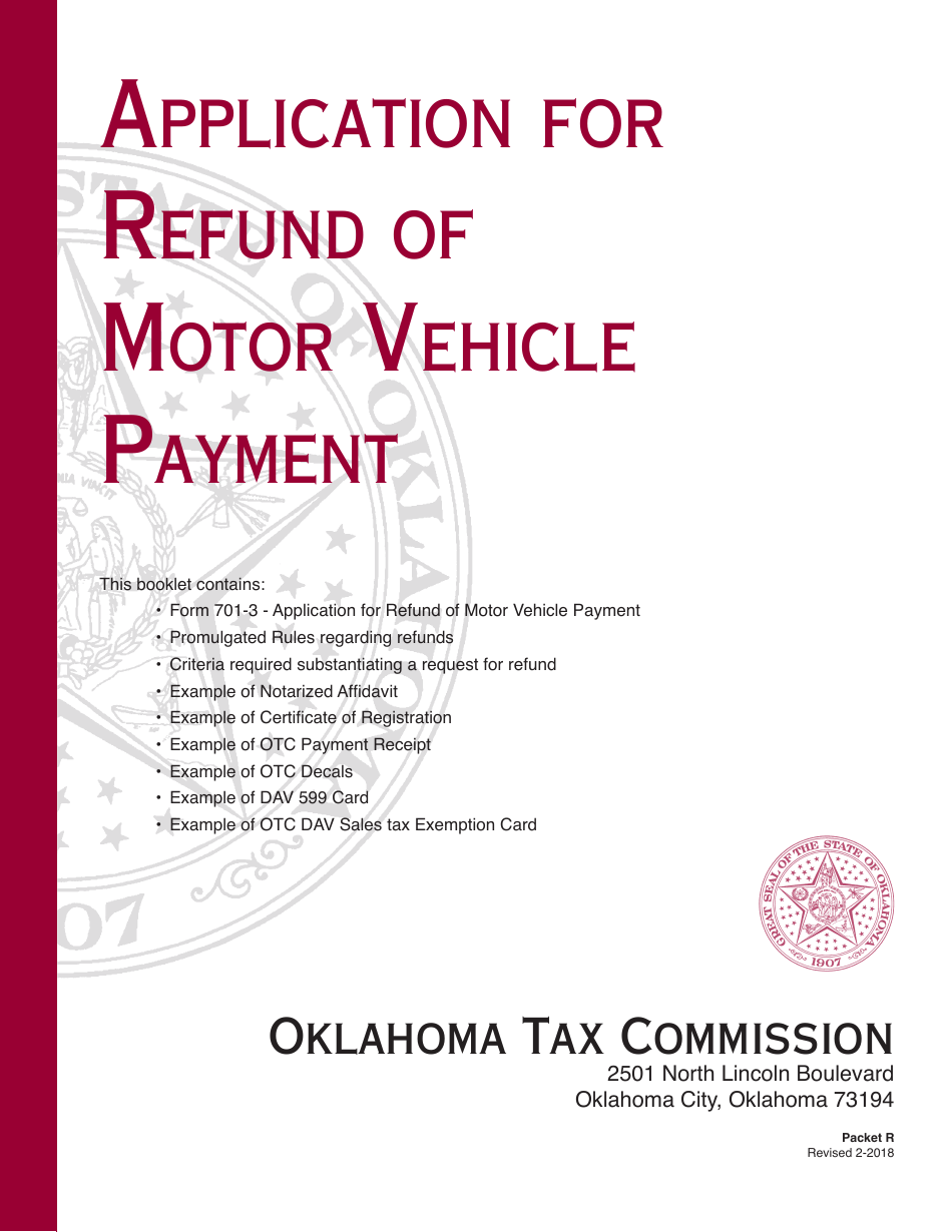Packet R - Application for Refund of Motor Vehicle Payment - Oklahoma, Page 1