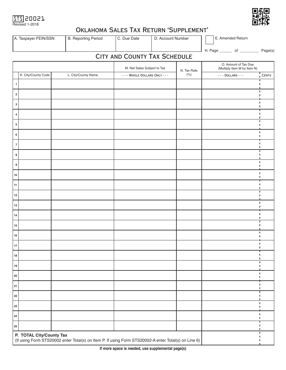 OTC Form STS20021 Oklahoma Sales Tax Return supplement - Oklahoma, Page 1
