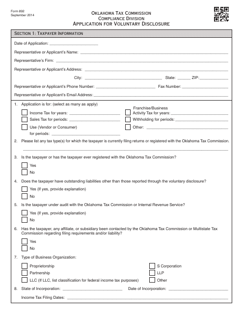 OTC Form 892  Printable Pdf