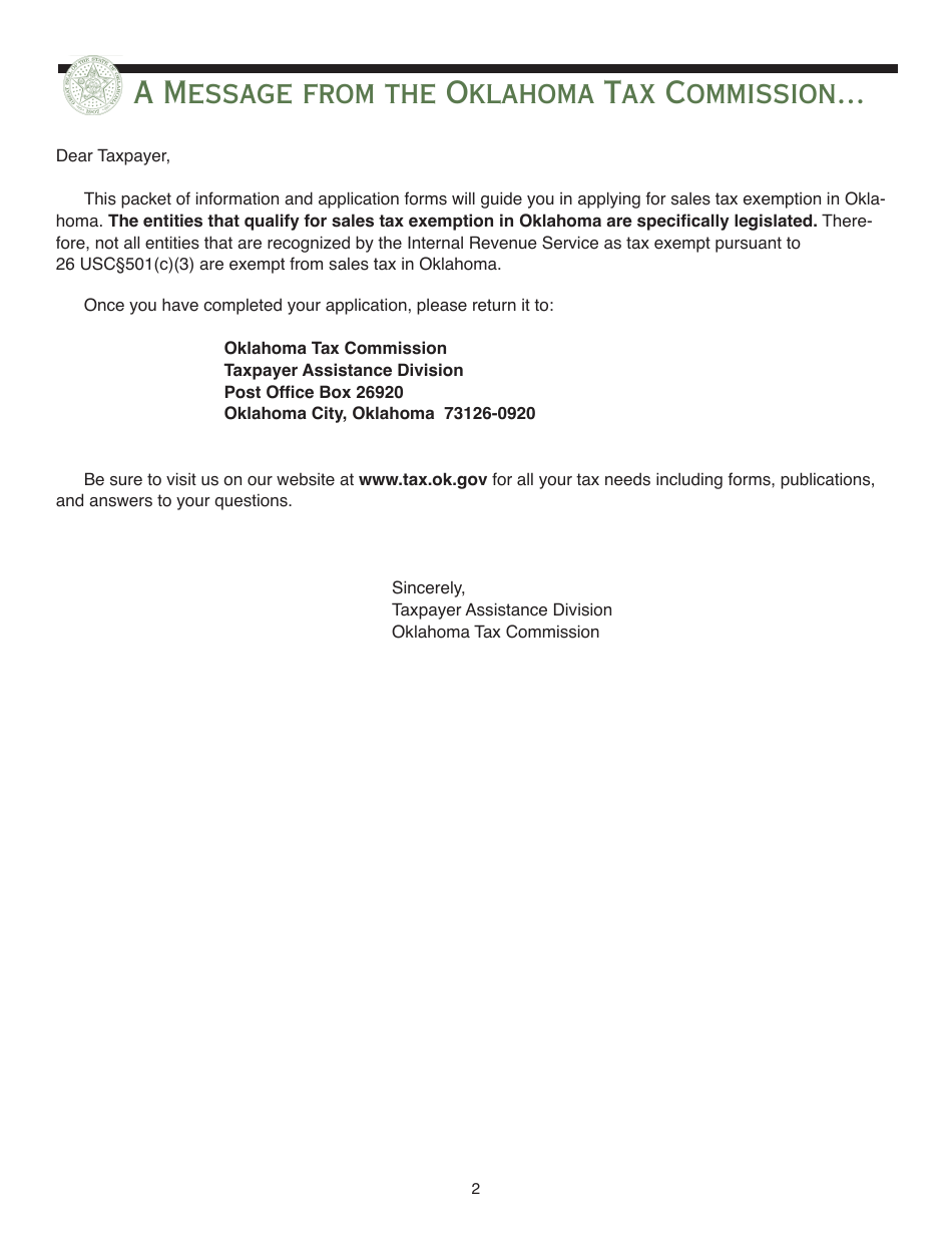 Packet E - Oklahoma Sales Tax Exemption Packet - Oklahoma, Page 3