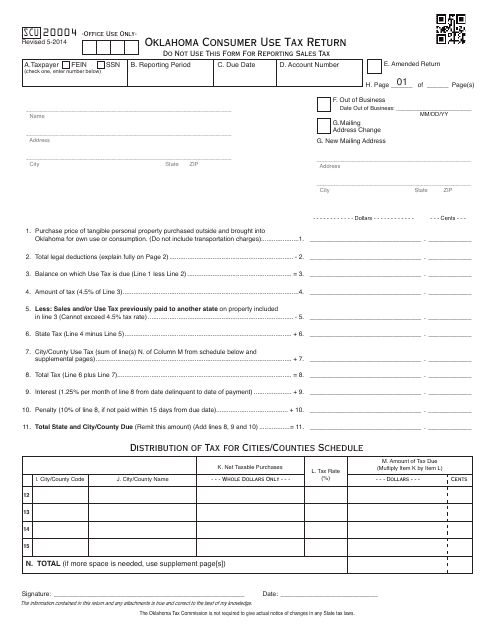 OTC Form SCU20004 Oklahoma Consumer Use Tax Return - Oklahoma