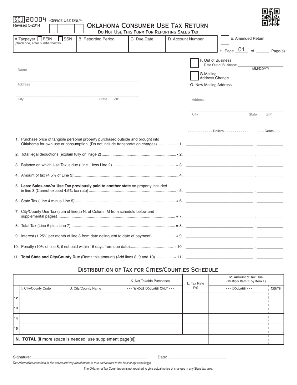 OTC Form SCU20004 Oklahoma Consumer Use Tax Return - Oklahoma, Page 1