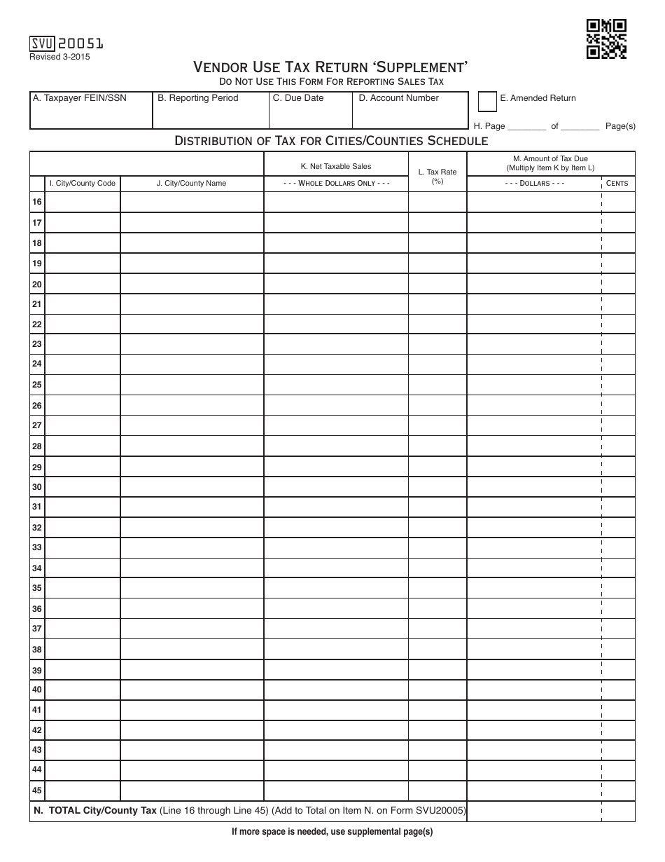OTC Form SVU20051 Vendor Use Tax Return supplement - Oklahoma, Page 1