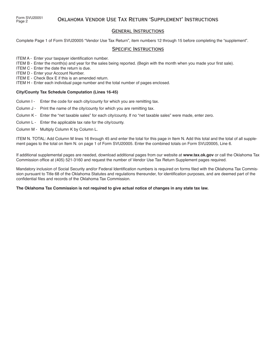 OTC Form SVU20051 Vendor Use Tax Return supplement - Oklahoma, Page 2