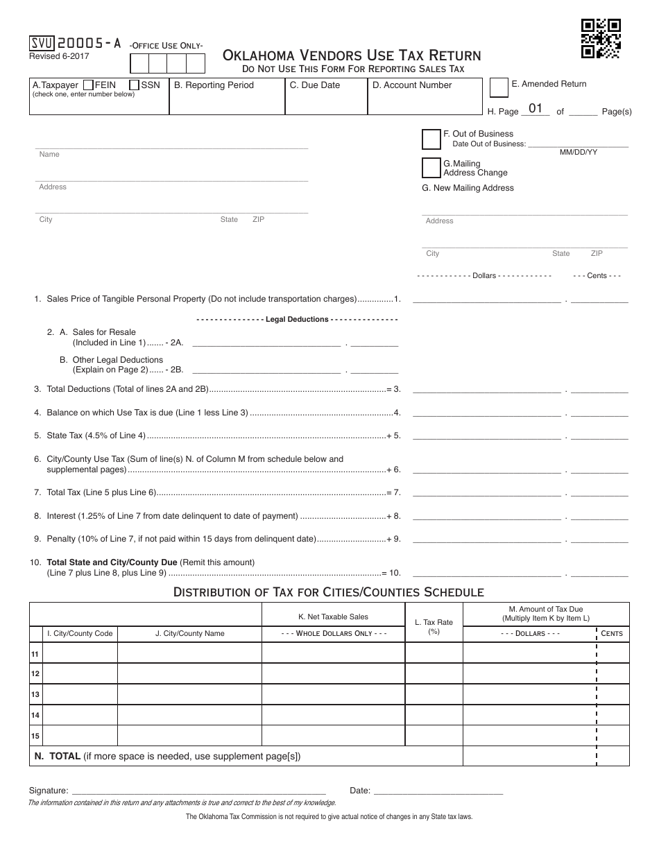 OTC Form SVU20005-A Oklahoma Vendors Use Tax Return - Oklahoma, Page 2