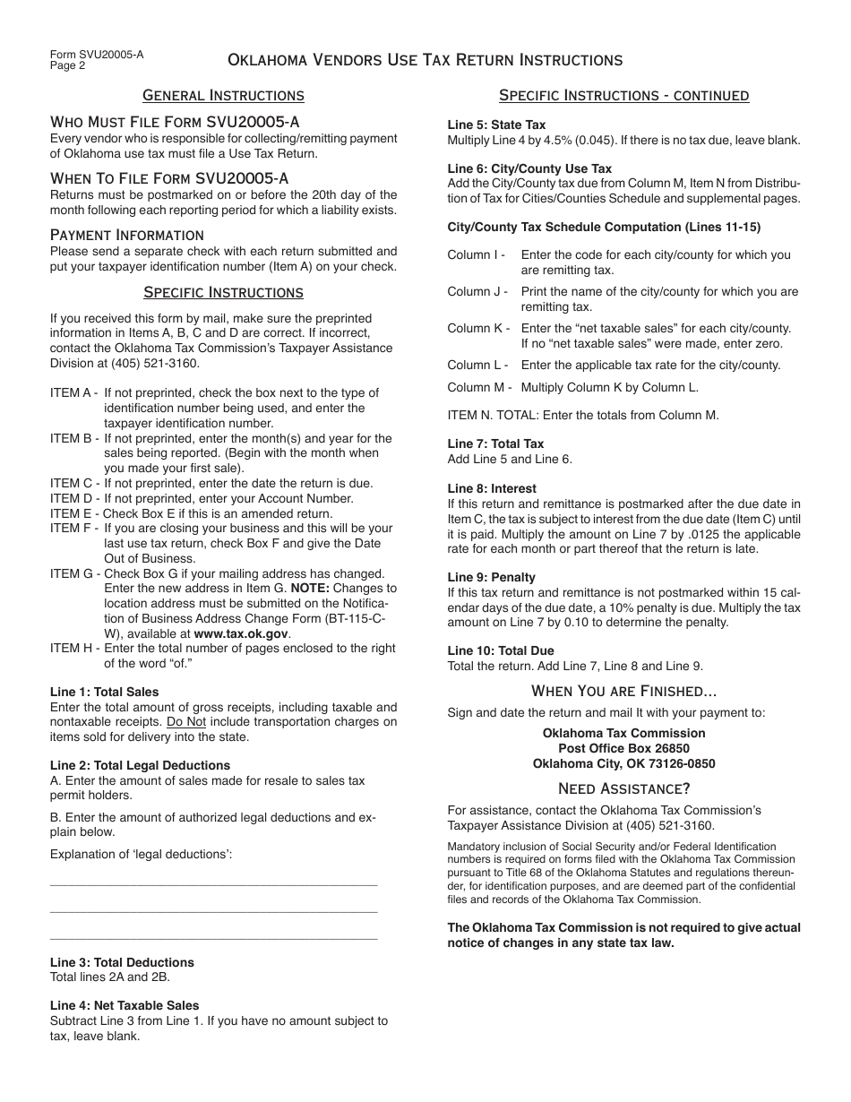 OTC Form SVU20005-A Oklahoma Vendors Use Tax Return - Oklahoma, Page 3