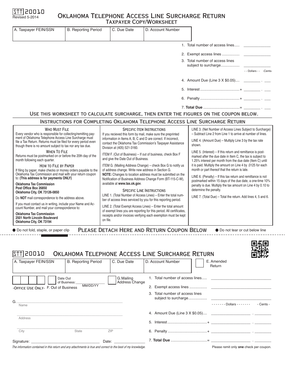 OTC Form STT20010 Oklahoma Telephone Access Line Surcharge Return - Oklahoma, Page 1