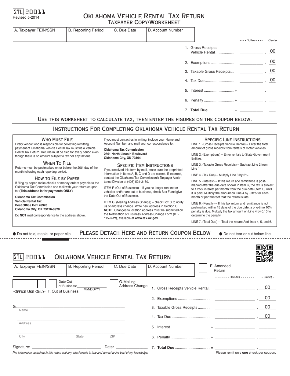 OTC Form STL20011 Oklahoma Vehicle Rental Tax Return - Oklahoma, Page 1