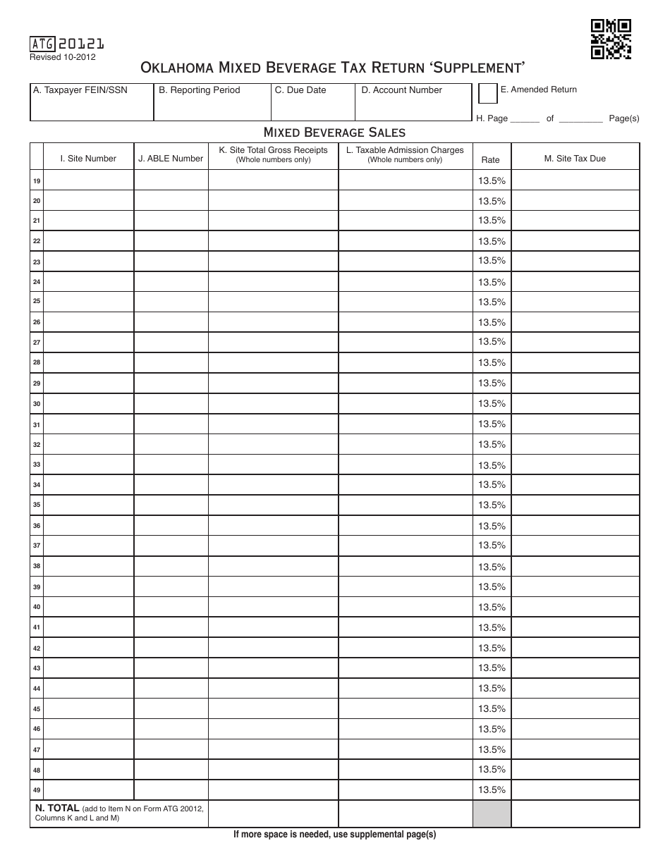 OTC Form ATG20121 Oklahoma Mixed Beverage Tax Return supplement - Oklahoma, Page 1