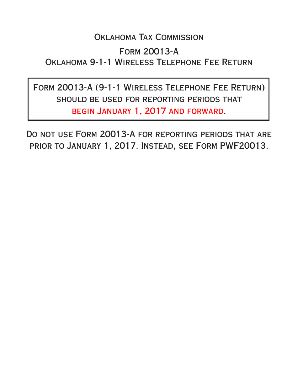 OTC Form 20013-A Oklahoma 9-1-1 Wireless Telephone Fee Return - Oklahoma, Page 1