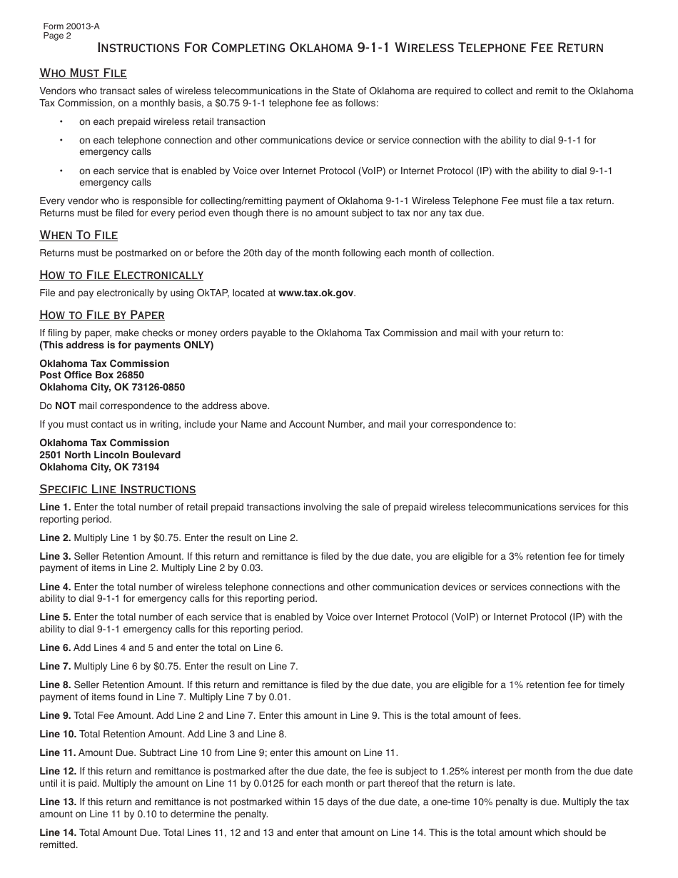 OTC Form 20013-A Oklahoma 9-1-1 Wireless Telephone Fee Return - Oklahoma, Page 3