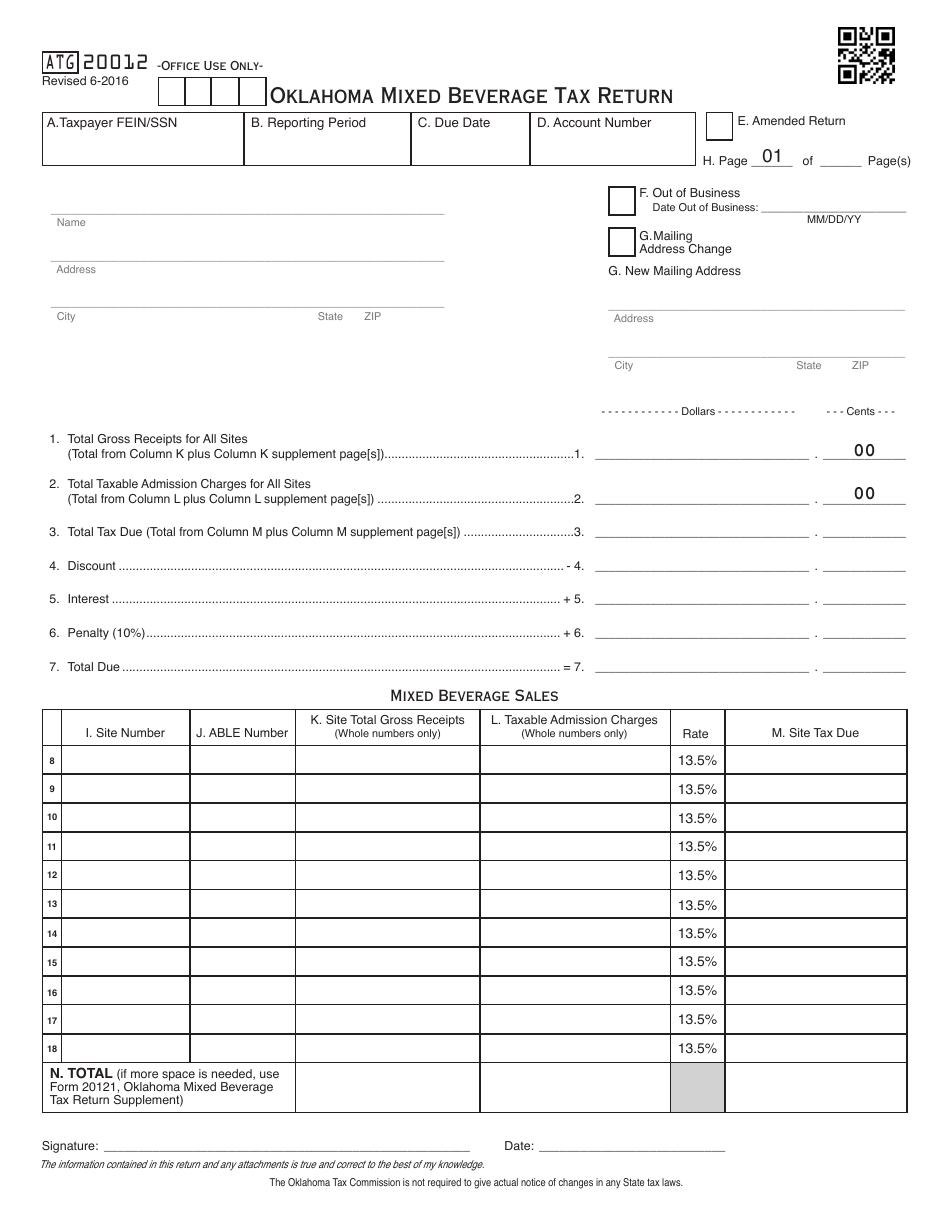 OTC Form ATG20012 Oklahoma Mixed Beverage Tax Return - Oklahoma, Page 1