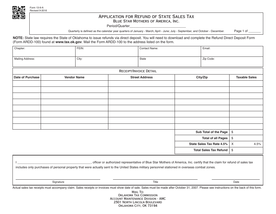OTC Form 13-9-A Application for Refund of State Sales Tax - Oklahoma, Page 1