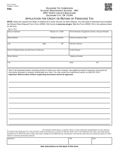 OTC Form 13-9-D Application for Credit or Refund of Franchise Tax - Oklahoma