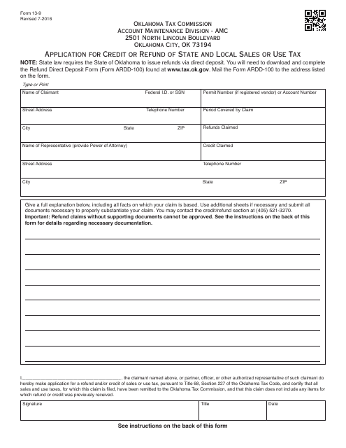 OTC Form 13-9 Application for Credit or Refund of State and Local Sales or Use Tax - Oklahoma