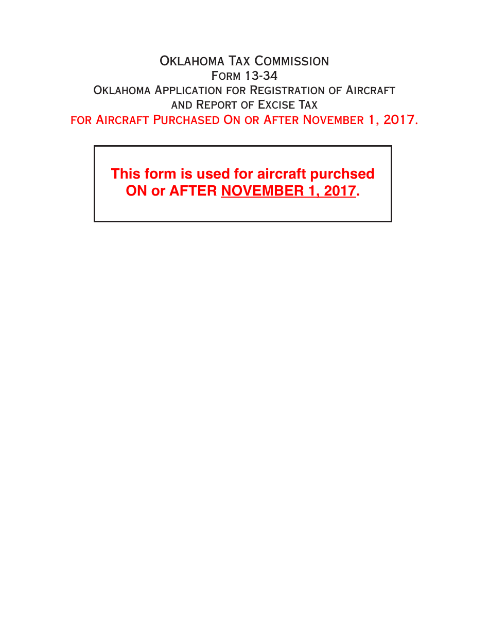 OTC Form 13-34 Application for Registration of Aircraft and Report of Excise Tax - Oklahoma, Page 1