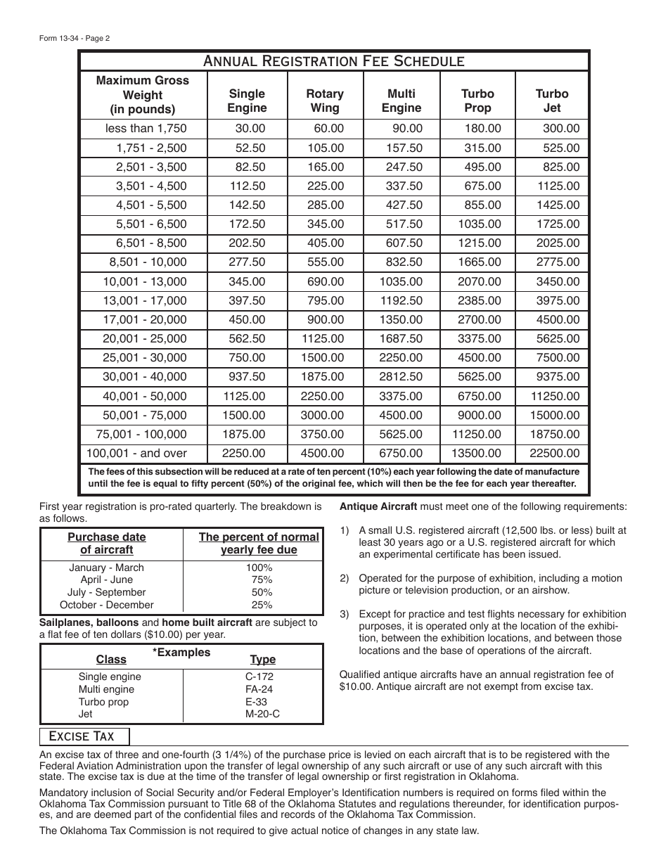 OTC Form 13-34 Application for Registration of Aircraft and Report of Excise Tax - Oklahoma, Page 3