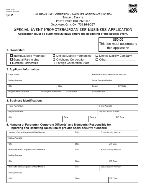 OTC Form 13-90 Special Event Promoter/Organizer Business Application - Oklahoma