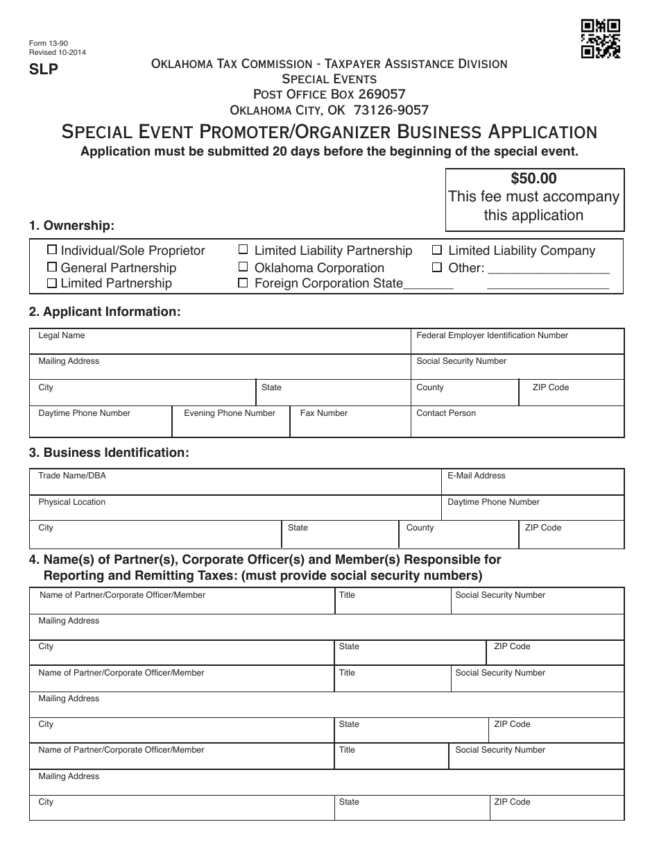 OTC Form 13-90 Special Event Promoter / Organizer Business Application - Oklahoma, Page 1