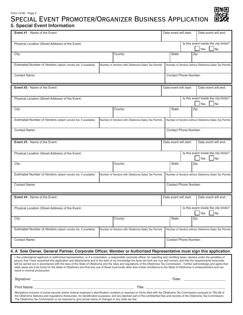 OTC Form 13-90 Special Event Promoter / Organizer Business Application - Oklahoma, Page 2