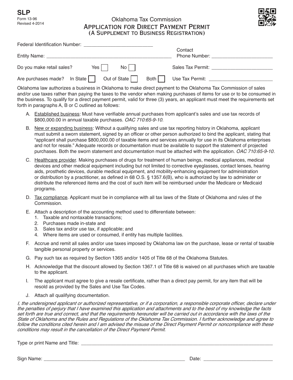 OTC Form 13-96 Application for Direct Payment Permit (A Supplement to Business Registration) - Oklahoma, Page 1