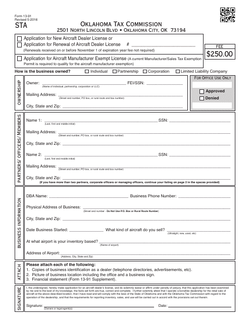 OTC Form 13-91 Application for New Aircraft Dealers License or Renewal of License - Oklahoma