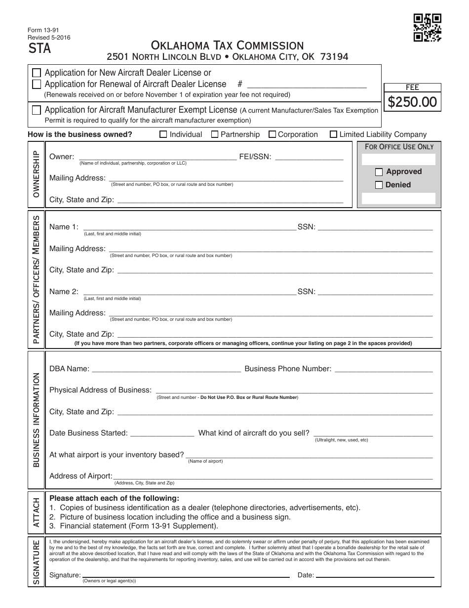 OTC Form 13-91 Application for New Aircraft Dealers License or Renewal of License - Oklahoma, Page 1
