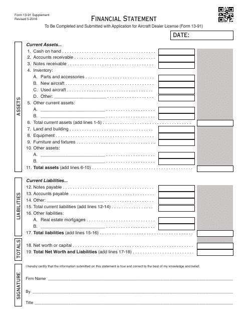 OTC Form 13-91-S  Printable Pdf