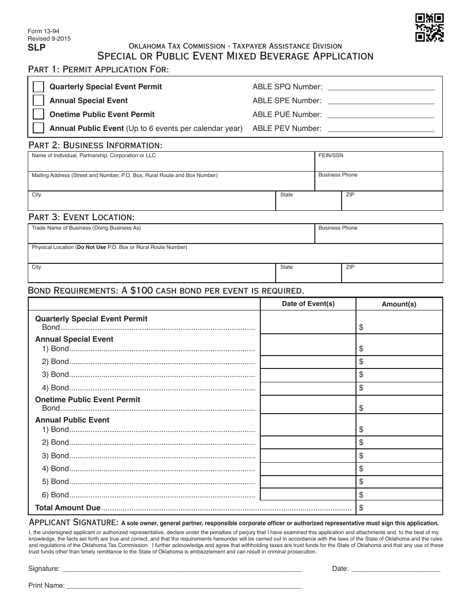 OTC Form 13-94 Special or Public Event Mixed Beverage Application - Oklahoma, Page 1