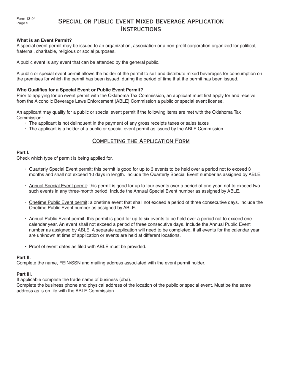 OTC Form 13-94 Special or Public Event Mixed Beverage Application - Oklahoma, Page 2