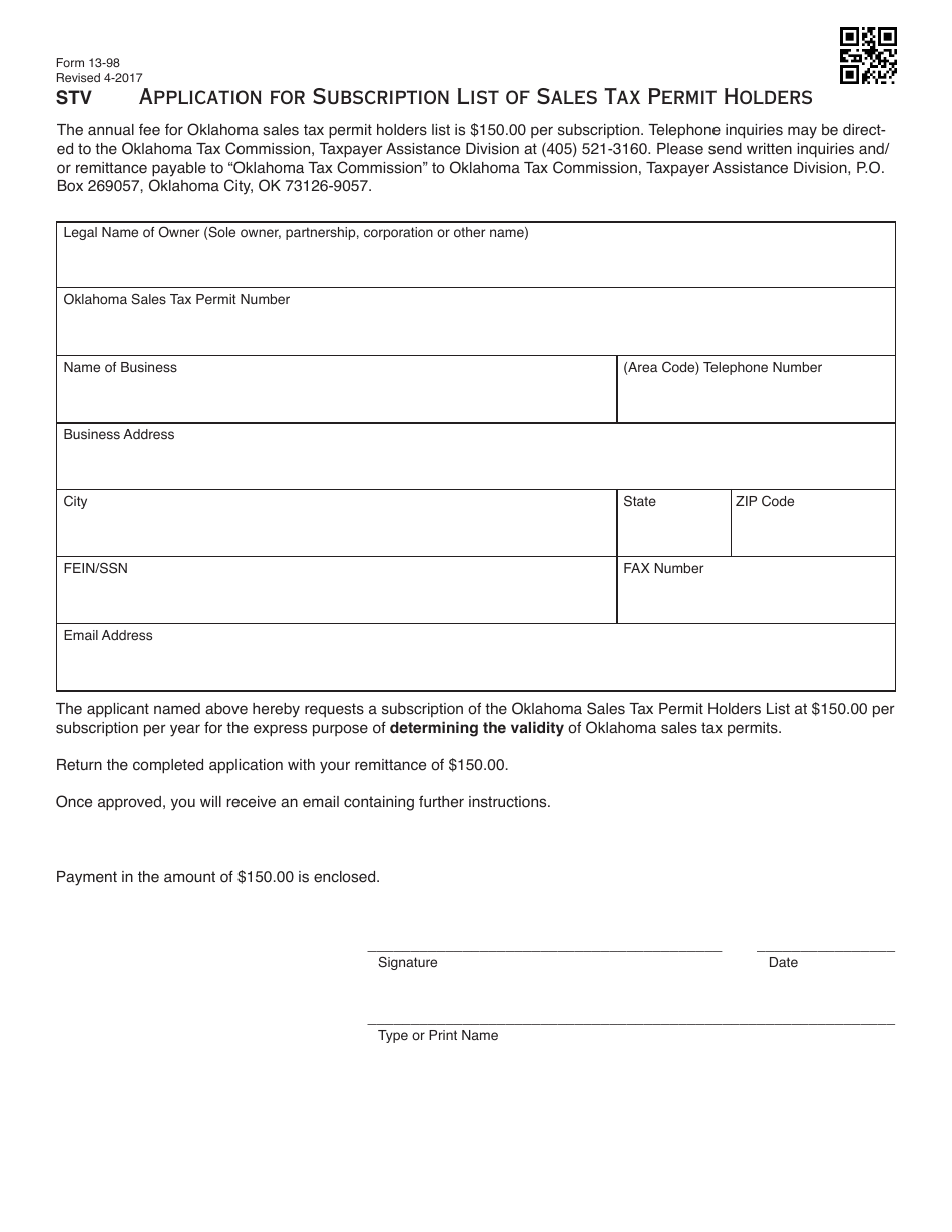 OTC Form 13-98 Application for Subscription List of Sales Tax Permit Holders - Oklahoma, Page 1