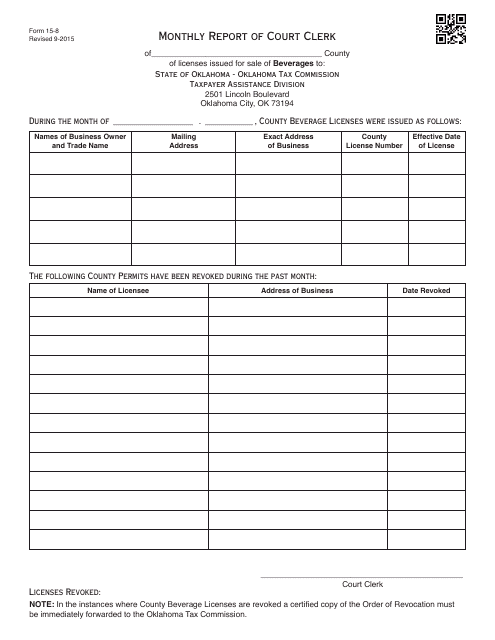 OTC Form 15-8  Printable Pdf