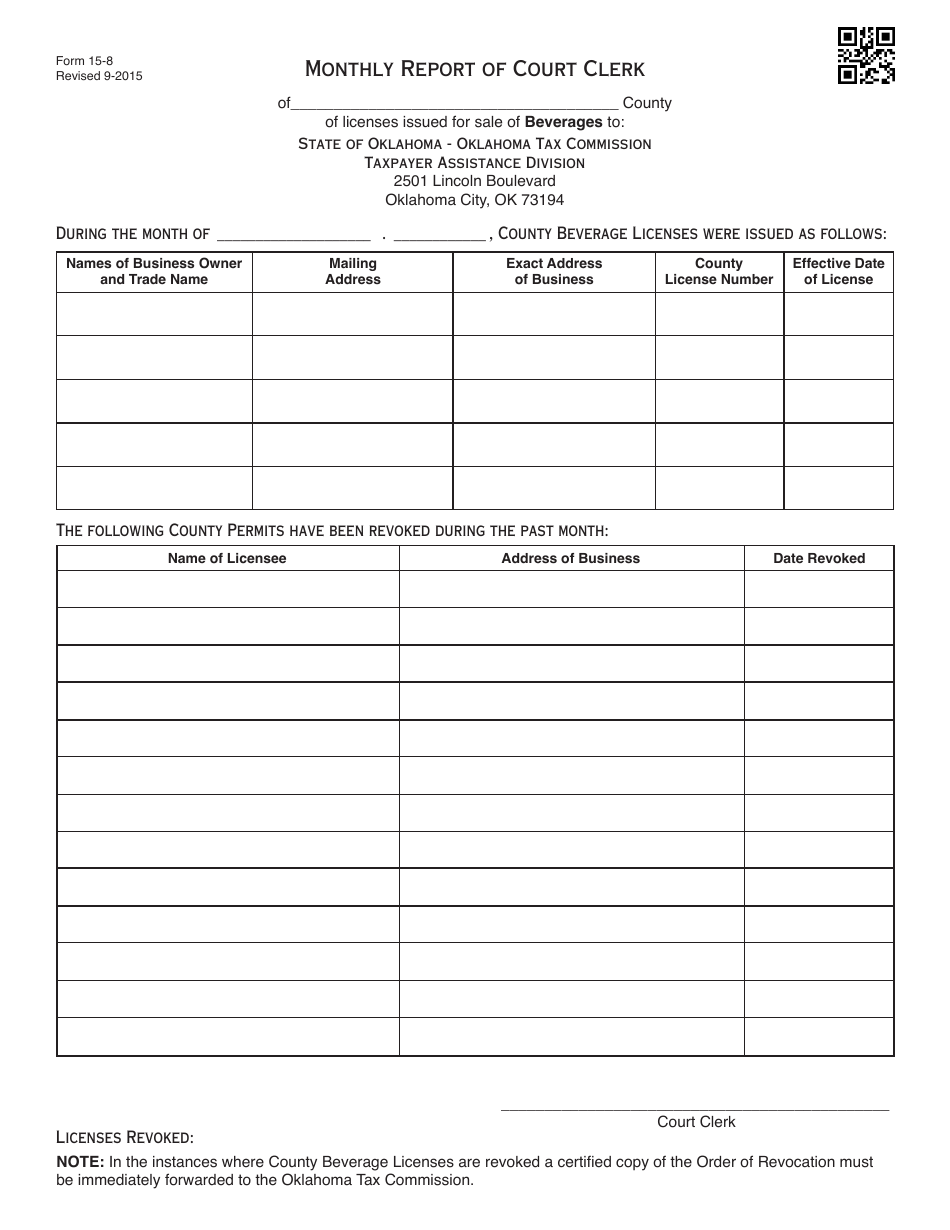 OTC Form 15-8 Monthly Report of Court Clerk - Oklahoma, Page 1