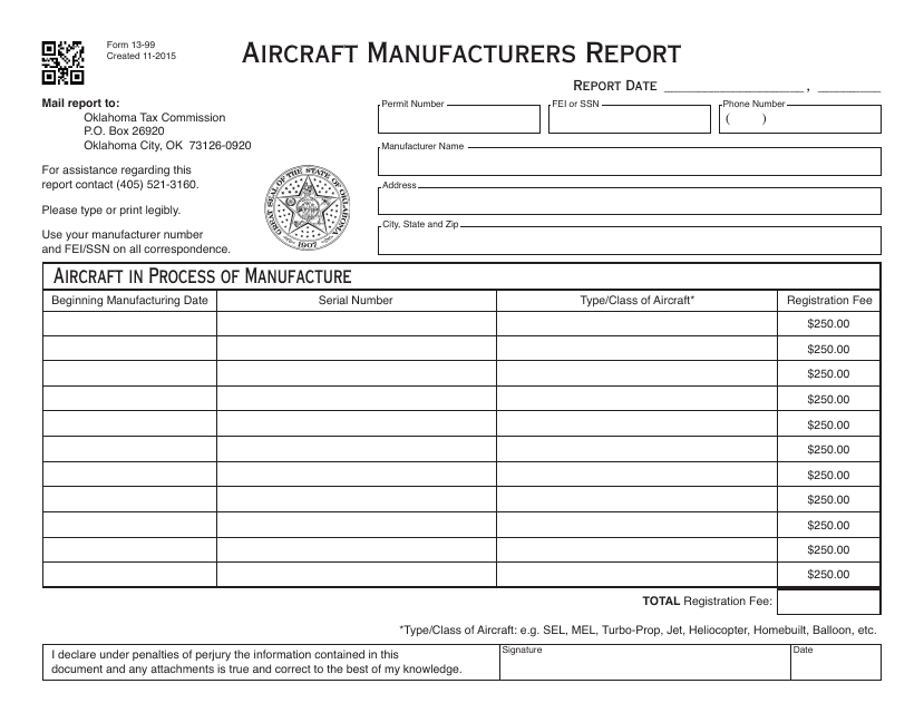 OTC Form 13-99 Aircraft Manufacturers Report - Oklahoma