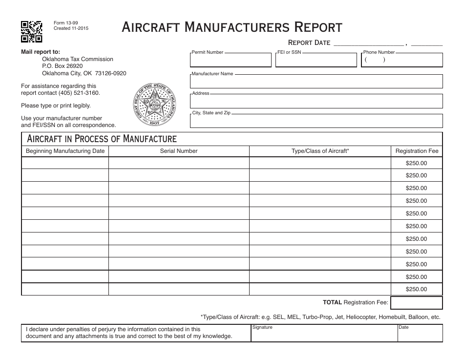 OTC Form 13-99 Aircraft Manufacturers Report - Oklahoma, Page 1
