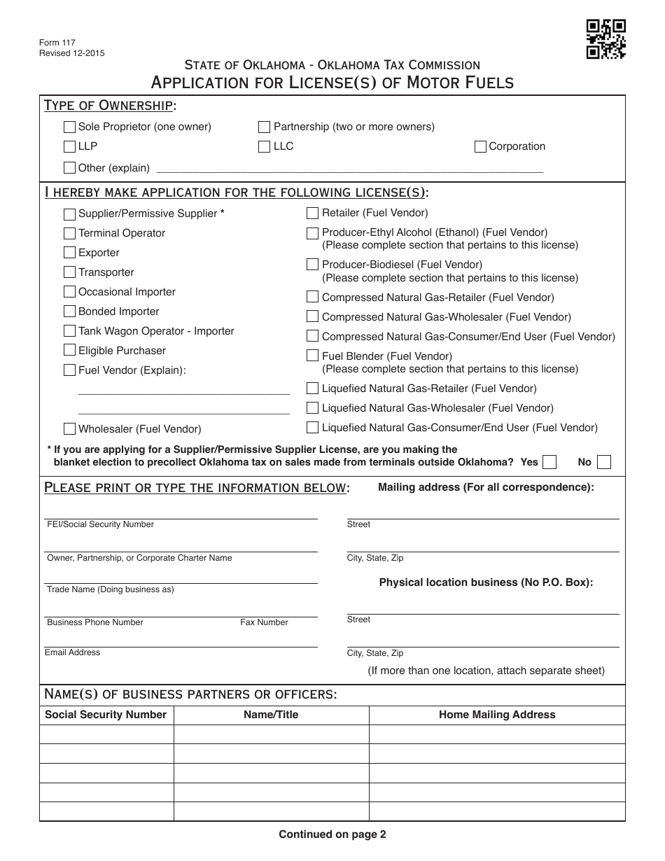OTC Form 117 Application for License(S) of Motor Fuels - Oklahoma, Page 1