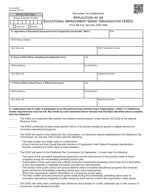 OTC Form 80001 Application as an Educational Improvement Grant Organization (Eigo) - Oklahoma