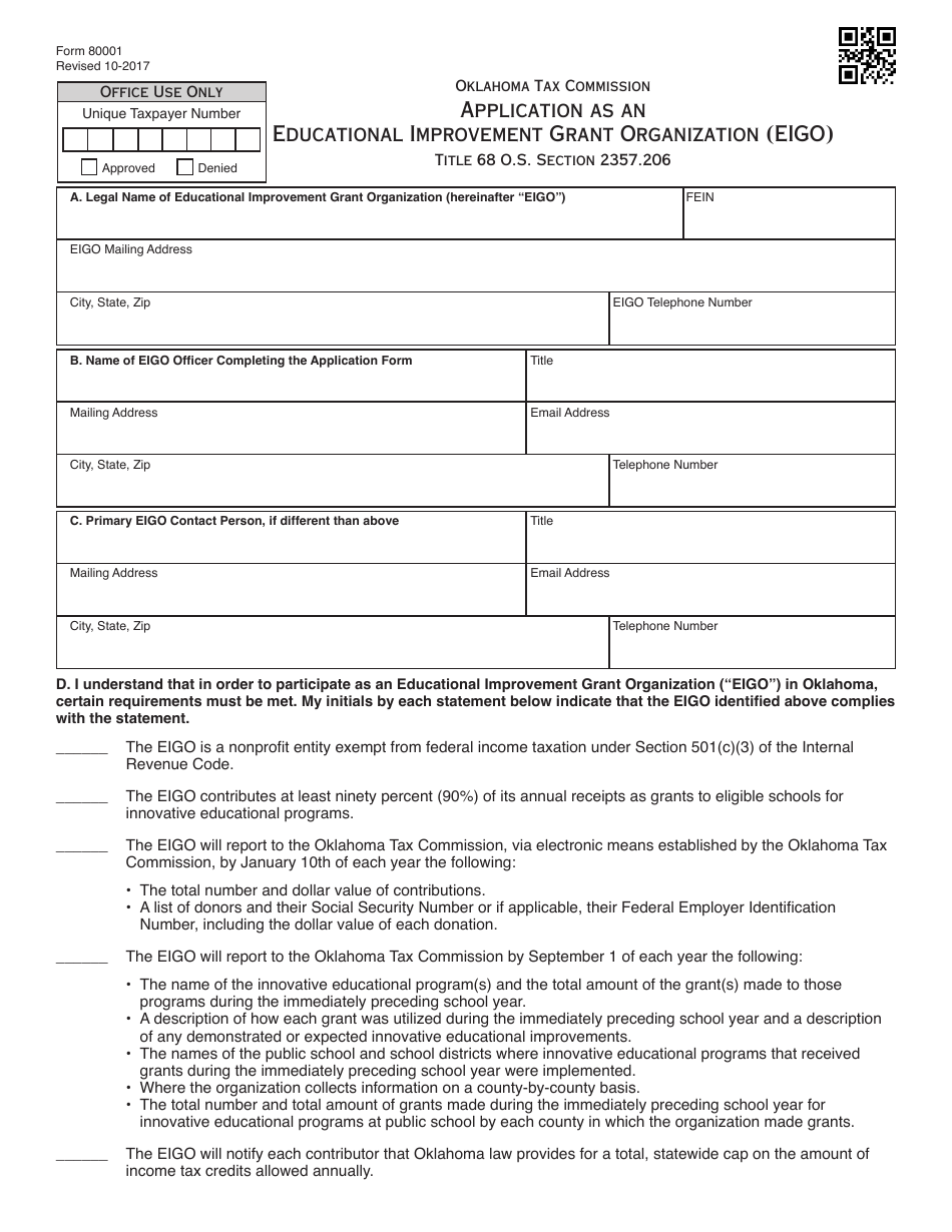 OTC Form 80001 Application as an Educational Improvement Grant Organization (Eigo) - Oklahoma, Page 1