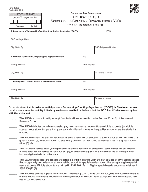 OTC Form 80002 Application as a Scholarship-Granting Organization (Sgo) - Oklahoma