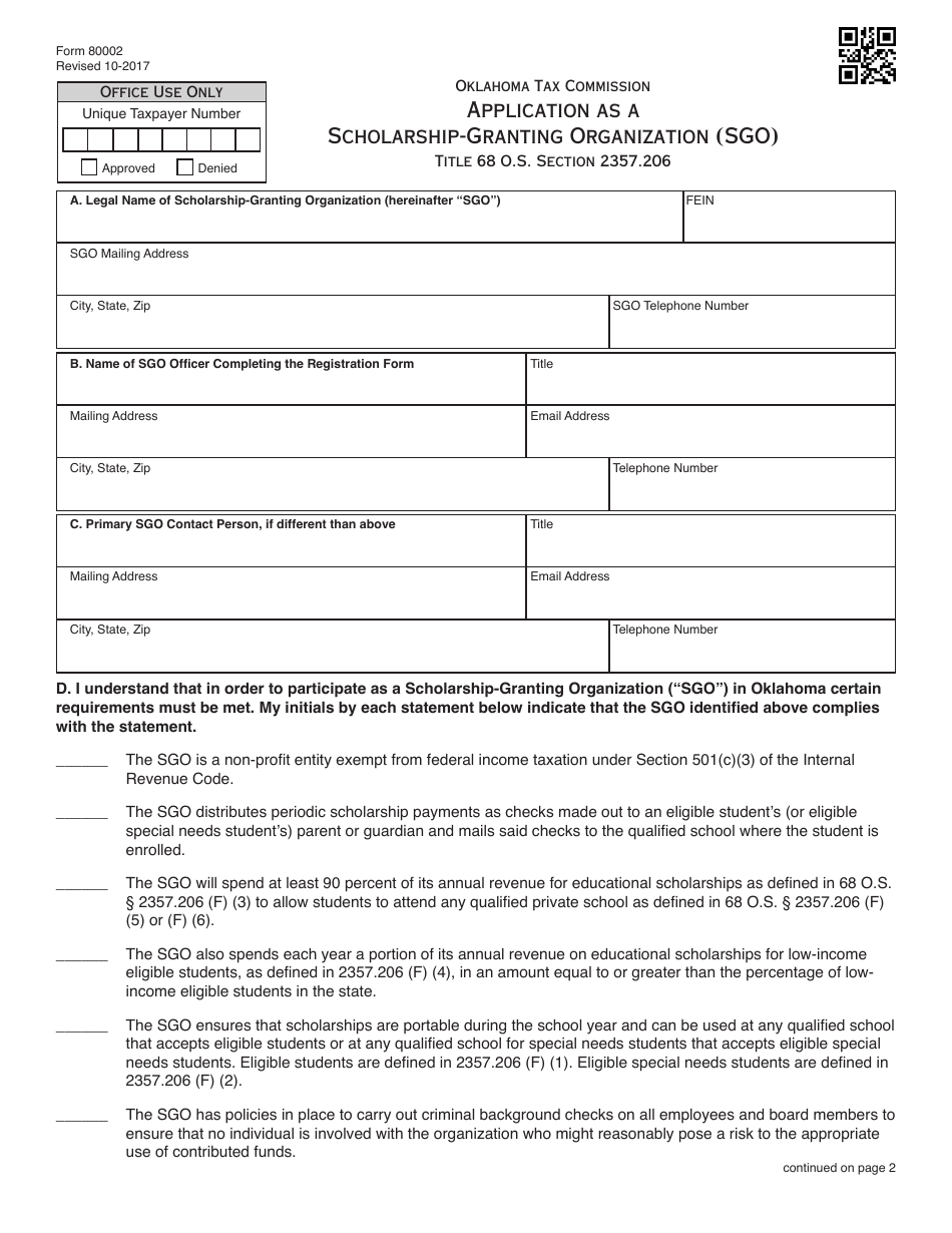 OTC Form 80002 Application as a Scholarship-Granting Organization (Sgo) - Oklahoma, Page 1