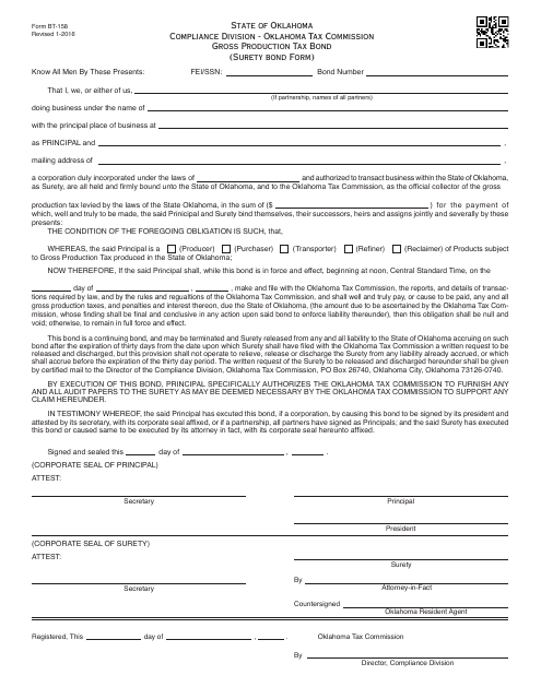 OTC Form BT-158 Gross Production Tax Bond (Surety Bond Form) - Oklahoma