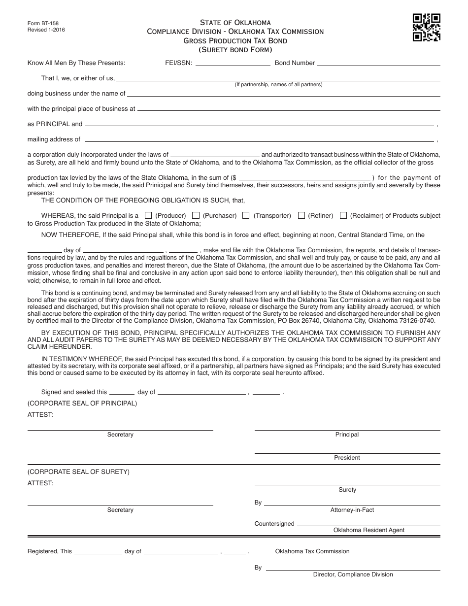 OTC Form BT-158 Gross Production Tax Bond (Surety Bond Form) - Oklahoma, Page 1