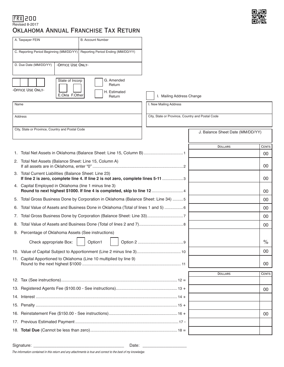 OTC Form FRX200 Oklahoma Annual Franchise Tax Return - Oklahoma, Page 1