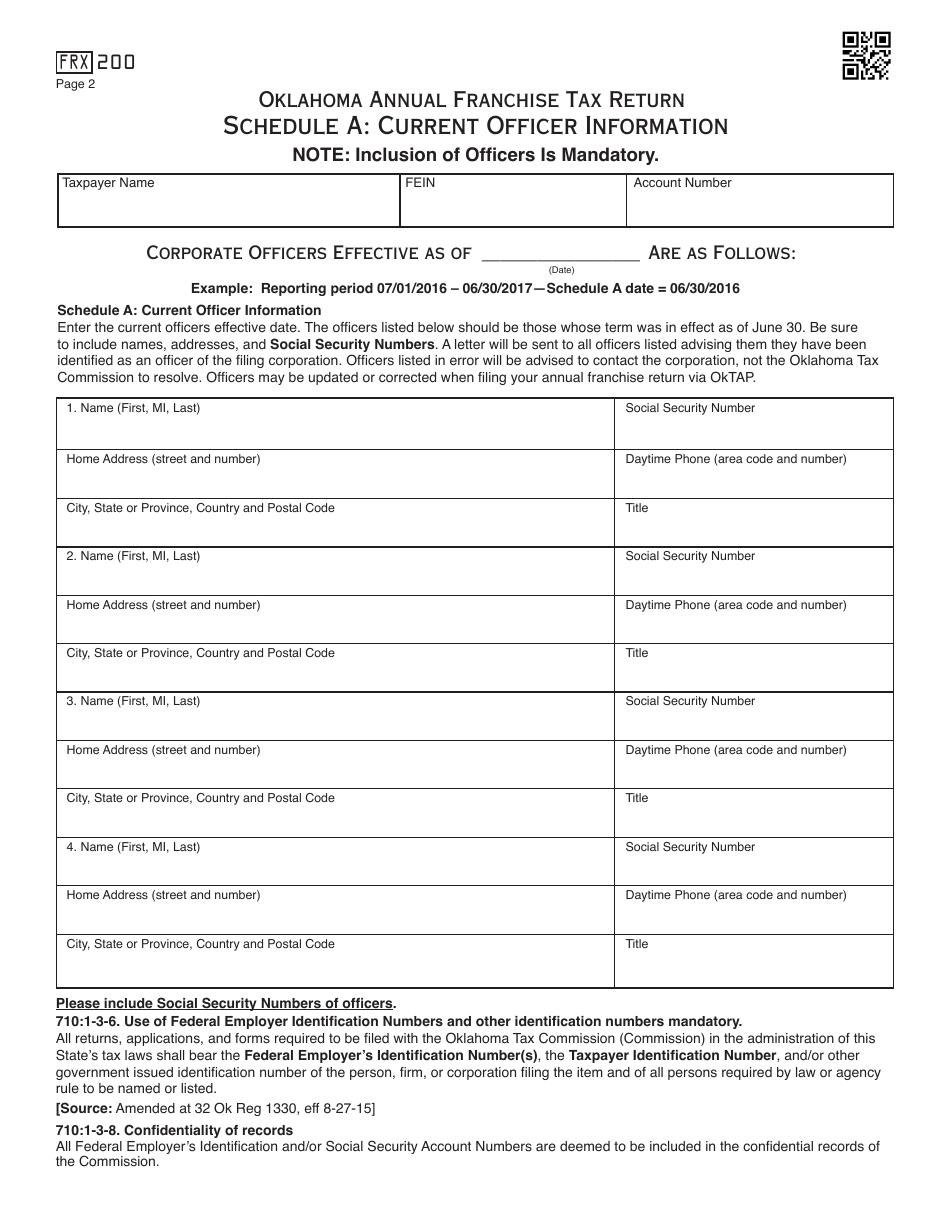 OTC Form FRX200 Oklahoma Annual Franchise Tax Return - Oklahoma, Page 2