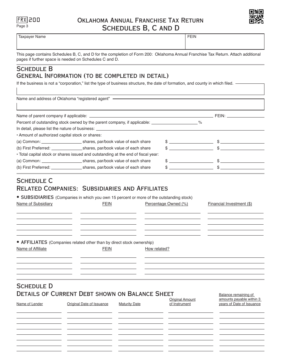 OTC Form FRX200 Oklahoma Annual Franchise Tax Return - Oklahoma, Page 3