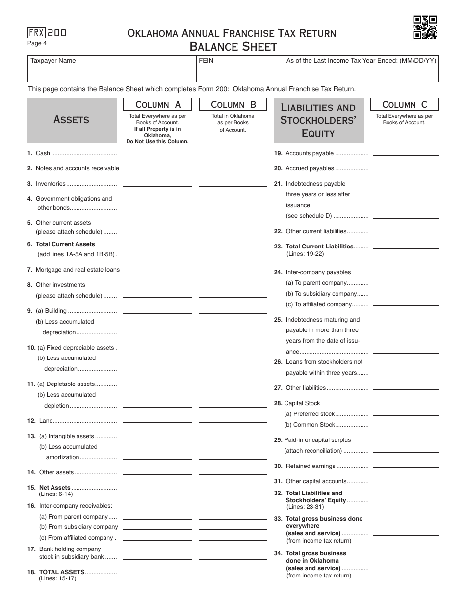 OTC Form FRX200 Oklahoma Annual Franchise Tax Return - Oklahoma, Page 4