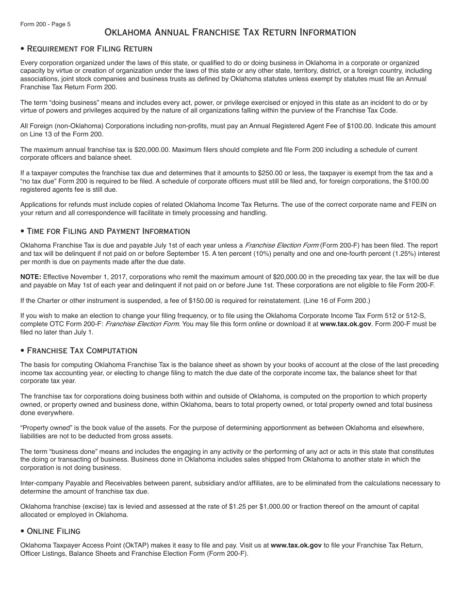 OTC Form FRX200 Oklahoma Annual Franchise Tax Return - Oklahoma, Page 5
