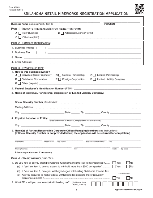 OTC Form 40003  Printable Pdf